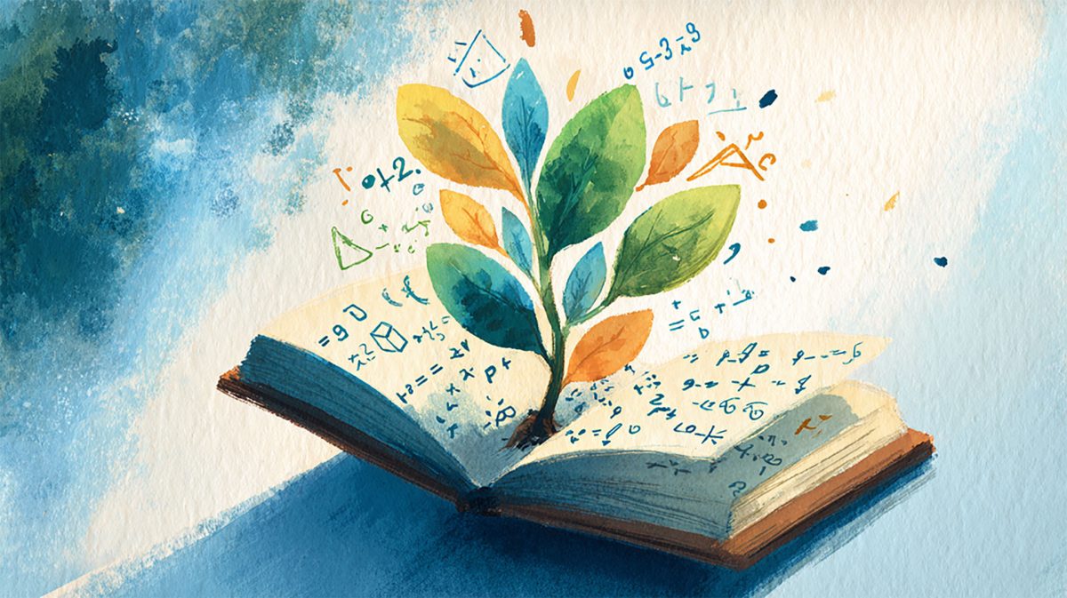 Mindenki fejleszthető matematikából blog 1920 Ez egy festmény: Egy vastag jegyzetfüzetben és körülötte matematika jelek vannak. A füzetből egy kis fa nő ki. Fő színek a kék, a zöld, a narancssárga, citromsárga és a vajsárga. A kép üzenete, hogy matematikából lehet fejlődni.